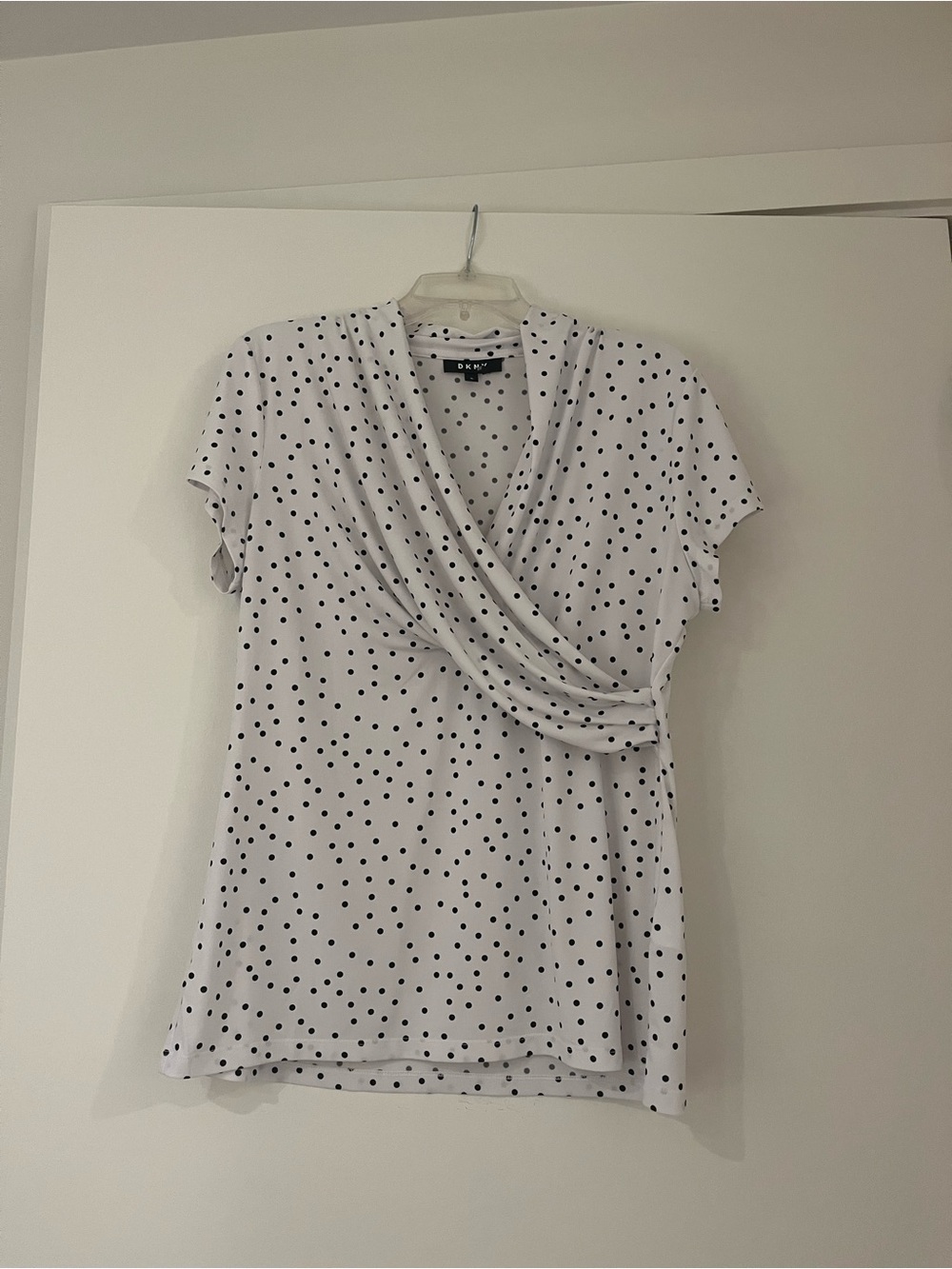 DKNY White and Black Polka Dot Faux-Wrap Short Sleeve Top